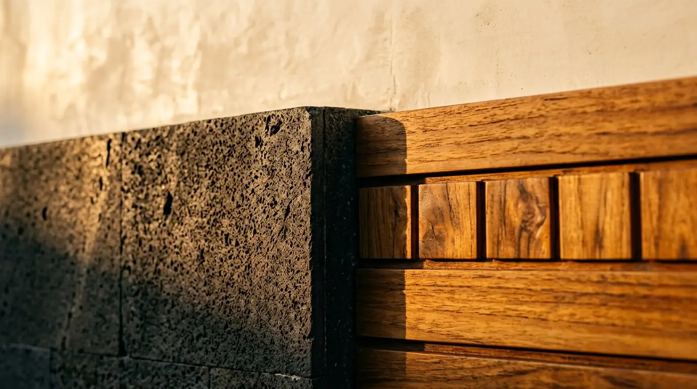 RUMAH CAHAYA — Junction of teak, basalt and lime plaster