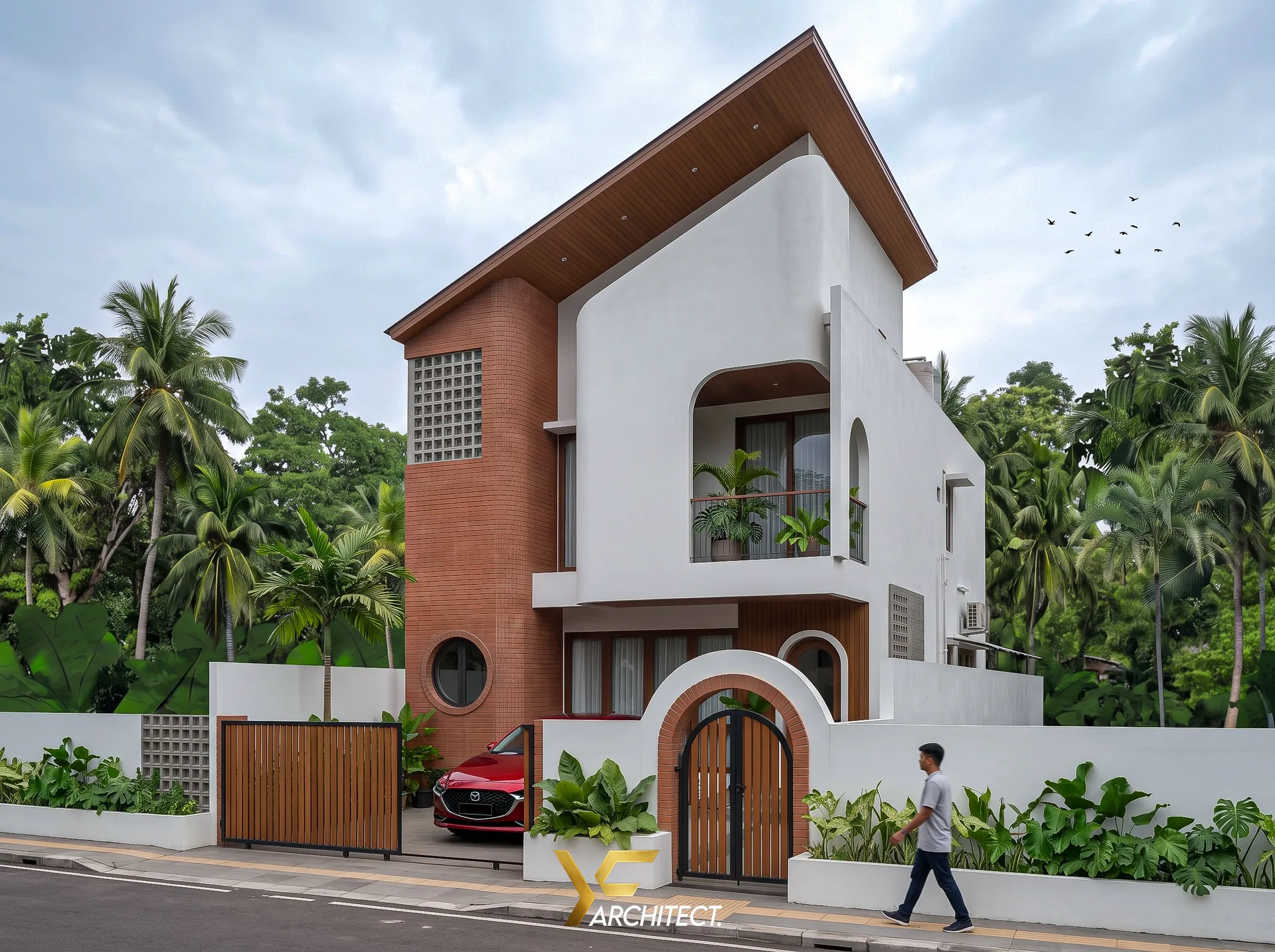 MS. TASYA HOUSE — Street perspective — brick tower & arched entry